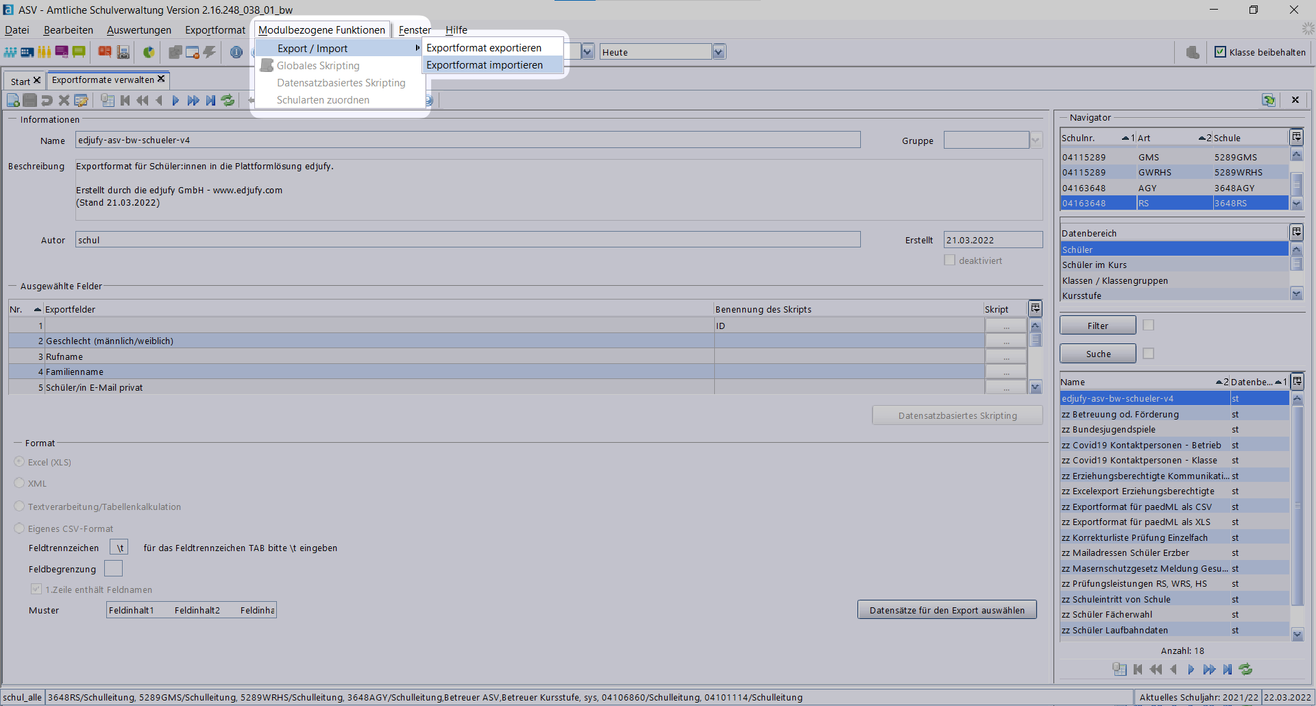 ASV-BW Exportformate importieren