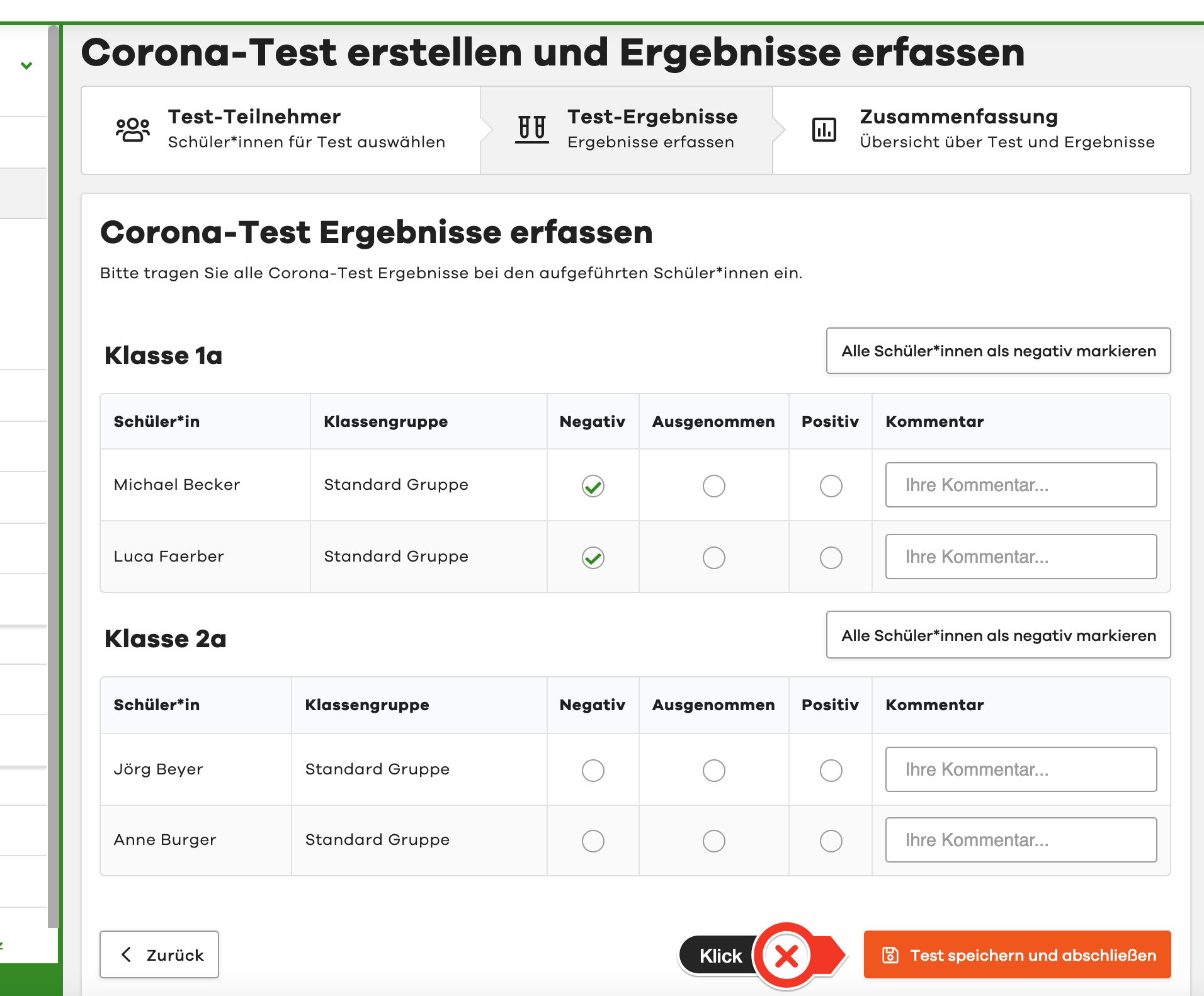 Step 2 Record Corona test results