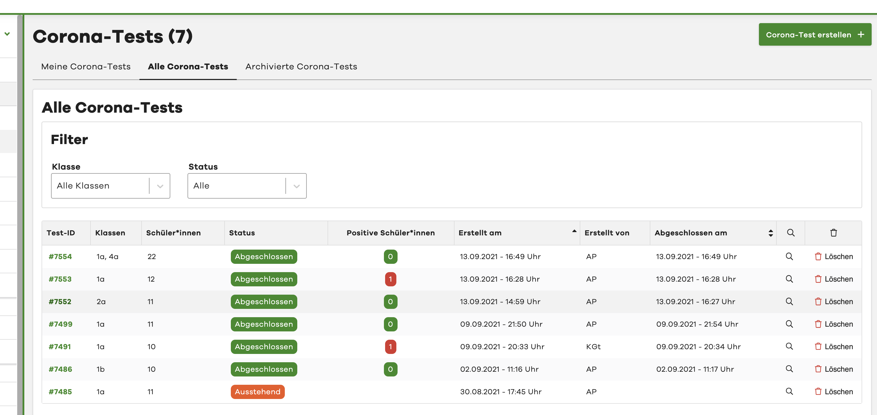 Image of "All Corona Tests" tab with table showing all tests.