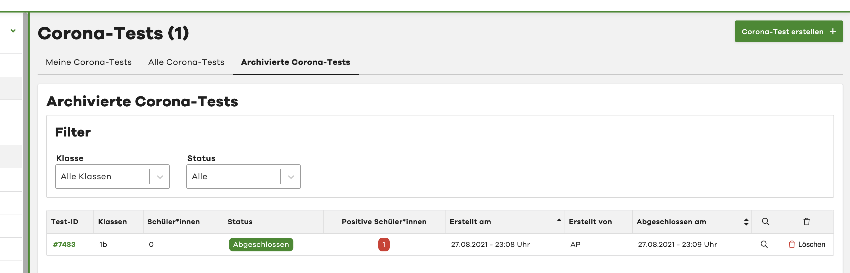 Image of "Archived Corona Tests" tab with table showing all archived tests.