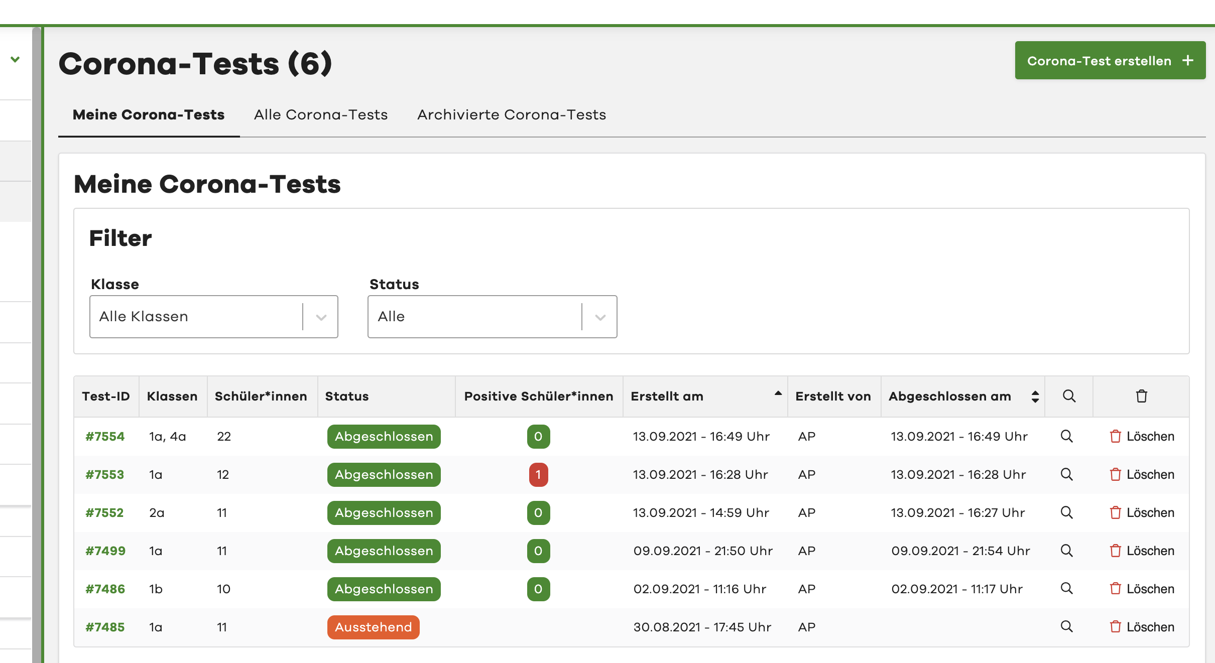 Image of "My Corona Tests" tab with table showing all tests of the user.